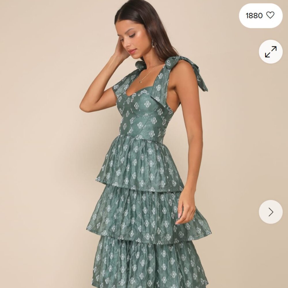 Lulus "Gorgeous Excellence Teal Green Floral Burnout Tiered Midi Dress"